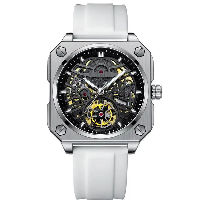 Montre haut de gamme pour hommes, montre mécanique squelette, bracelet carré de luxe en acier inoxyd