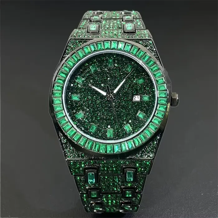 MISSFOX-Montre à Quartz Verte Glacée pour Homme, Bijoux de Luxe Carrés en Diamant, Style Hip Hop, No