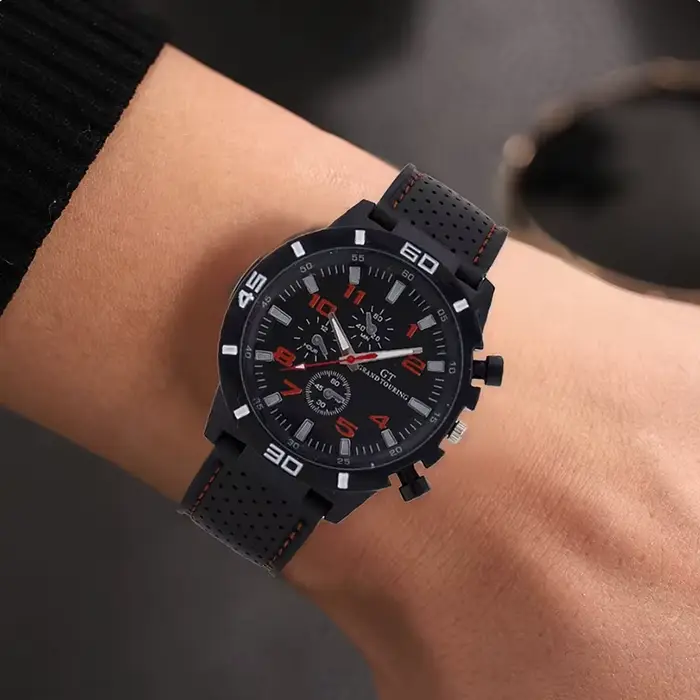 Montre à Quartz en cuir noir pour hommes