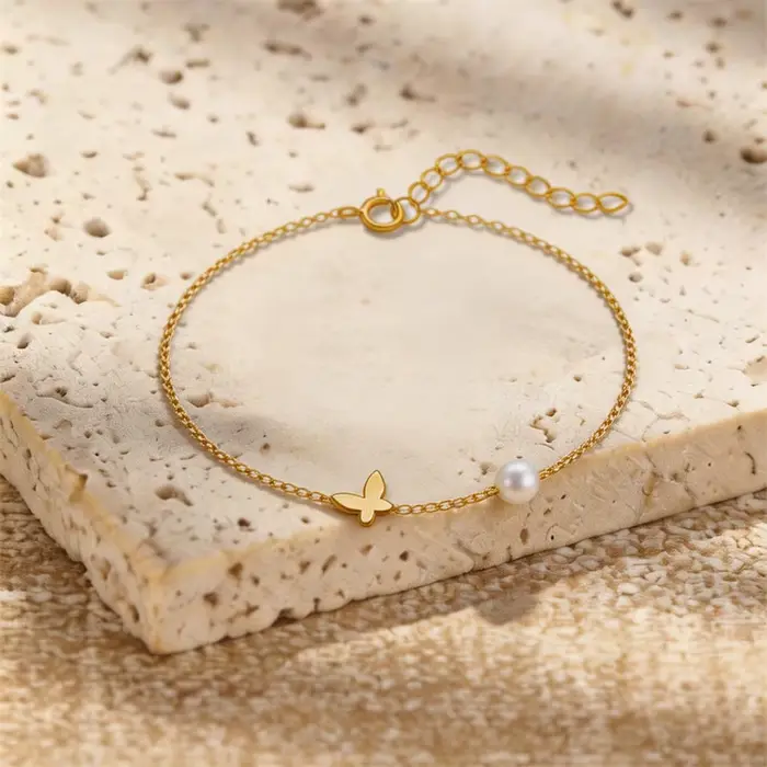 Bracelet de cheville en argent sterling avec perles dorées et zirconium ronds pour femmes occasions spéciales romantiques et plage