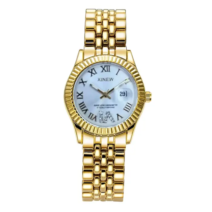 Montre XINEW à Quartz dorée avec calendrier complet pour femmes occasions spéciales