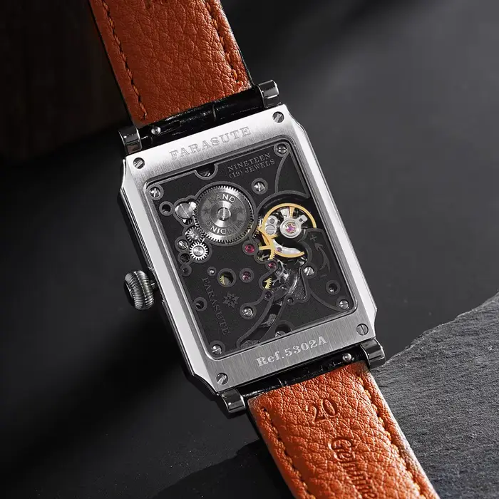 Montre rétro FARASUTE en acier inoxydable avec mouvement mécanique personnalisé, bracelet en cuir, résistante à l'eau pour homme, occasions spéciales et décontractée