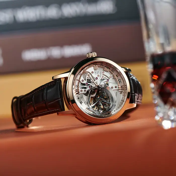 OBLVLO Luxe Rétro Casual Hommes Squelette Automatique Montres Mécanique Bracelet En Cuir De Veau Cristal Minéral Verre Étanche Cadran 45 VM