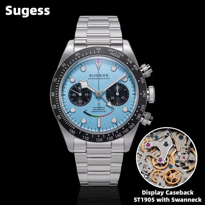 Montre chronographe Sugess ST1907 Acier Inoxydable Boîtier Rond Avec Verre Saphir Pour Hommes Occasions Spéciales