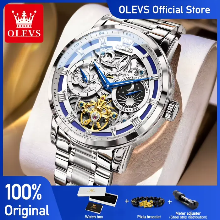 Montre OLEVS 6670 Squelette Luxe Mécanique Phase de Lune Acier Inoxydable Pour Hommes Occasions Spéciales