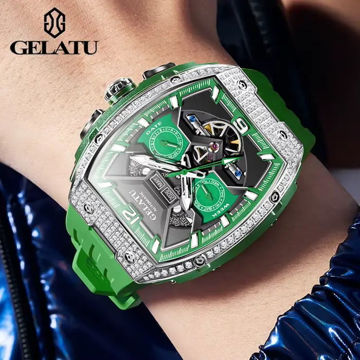 GELATU 6016 montre mécanique automatique haut de gamme plein diamant pour hommes multifonction bracelet en Silicone