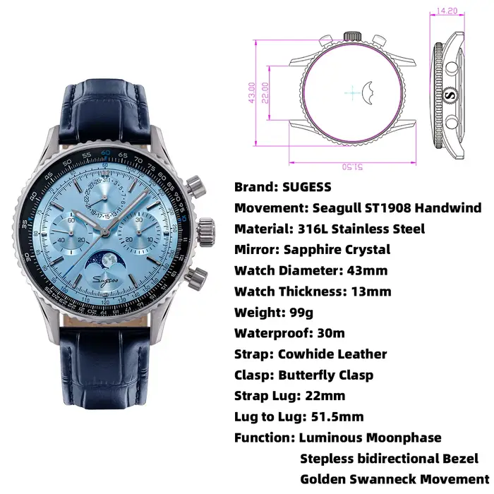 Sugess chronographe montre d'homme ST1908 mouvement à col de cygne mécanique phase de lune montres étanche calendrier Vintage nouveau S468