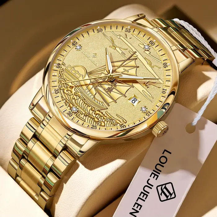 Montre Homme Luxe Affaires Or Design Voilier Date Lumineuse Étanche Bracelet Acier Quartz Montres