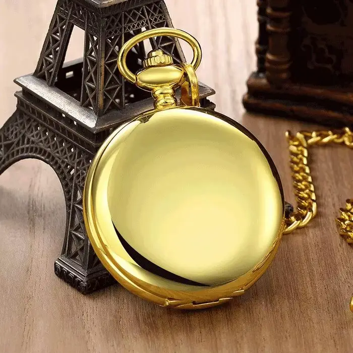 Montre de poche pour homme en or avec chaîne vintage - Mouvement à quartz rond