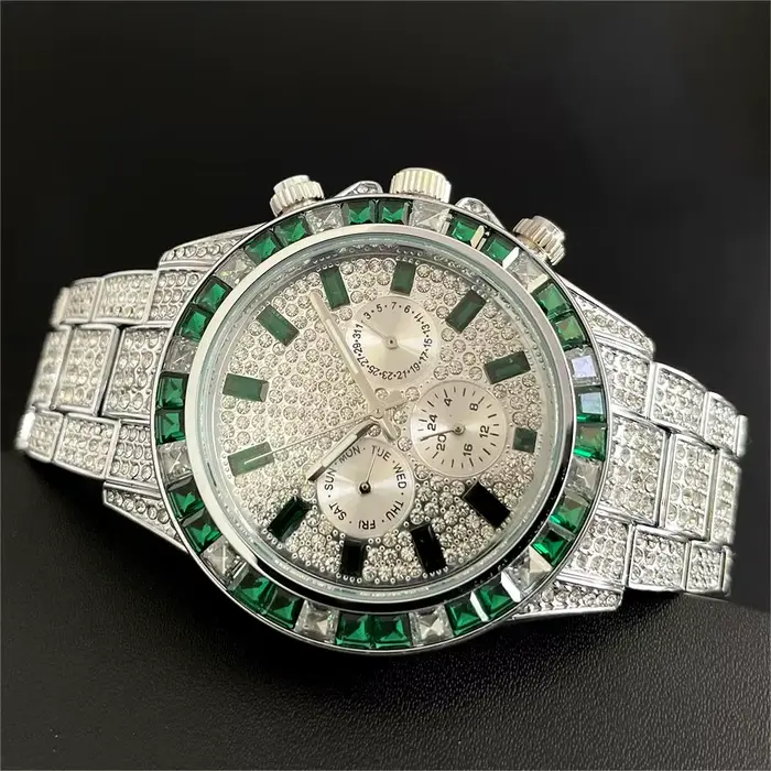 Montre de Luxe Glacé Vert pour Homme, en Acier Inoxydable, à Quartz, Style Hip Hop, Arc-en-Ciel, Dia