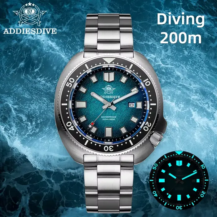 ADDIESDIVE hommes montre verre saphir AR enduit montres à Quartz lumineux 200m étanche tortue plongeur
