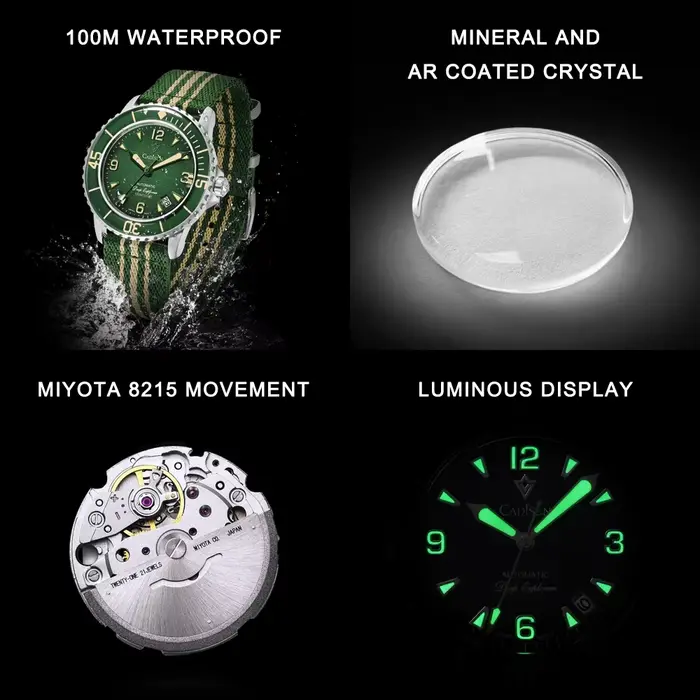 CADISEN Deep Explorer 2026 vert automatique montre mécanique homme toile bracelet montre-bracelet 8215 luxe lumineux étanche montres