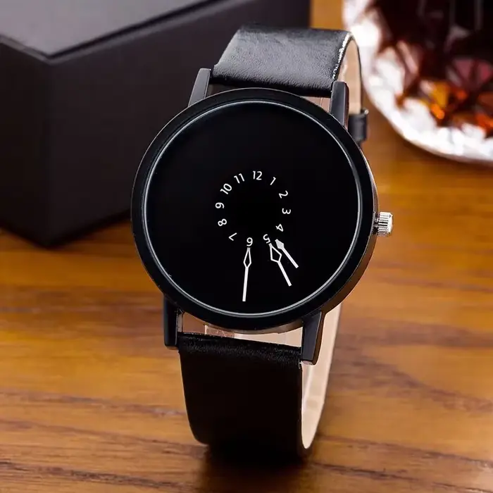 Montre-bracelet à quartz en cuir noir pour hommes