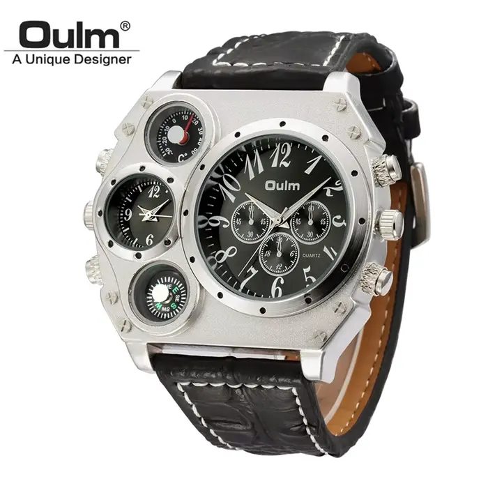 Montre Oulm Unique pour Hommes Style Sportive Fuseau Horaire Multiple Bracelet en Cuir Occasions Aventures Militaires
