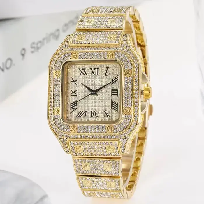 Montre carrée mode ciel étoilé ceinture en acier avec diamants montre à quartz à l'échelle romaine p