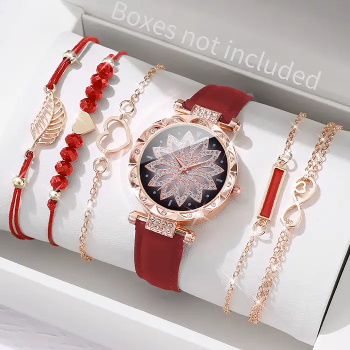 6 pièces/ensemble mode coeur cadran montre pour femme bracelet en cuir décontracté analogique Quartz