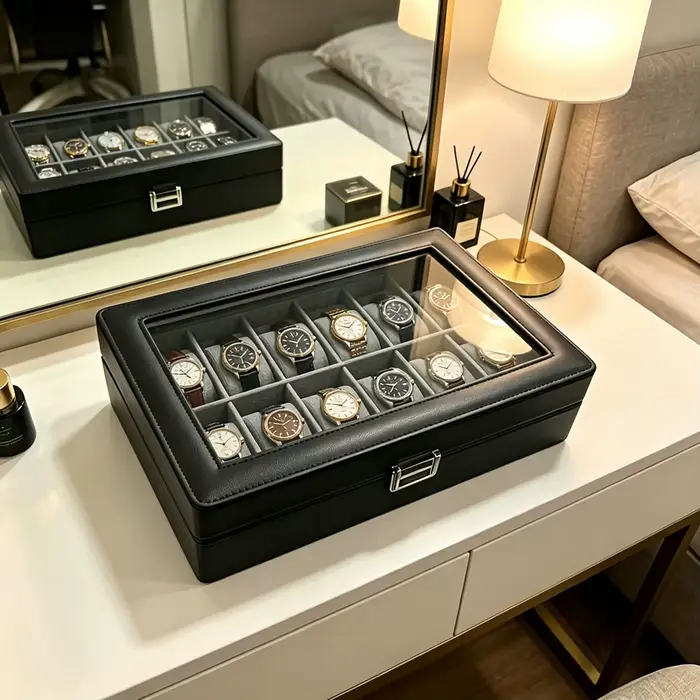 Boîte à montres en cuir pour homme à 12 emplacements avec serrure