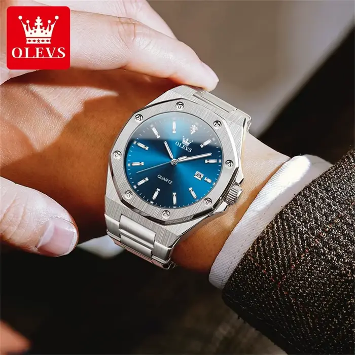 OLEVS montres pour hommes de luxe argent bleu classique montre à Quartz pour homme étanche en acier inoxydable lumineux Reloj Hombre 2025