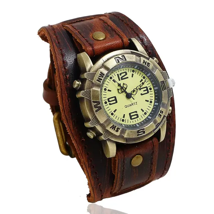 2025 Relogio rétro grand large Bracelet en cuir véritable montre hommes Punk Quartz manchette