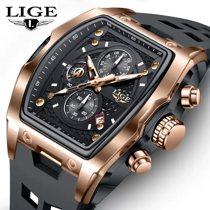 LIGE montre d'affaires pour hommes étanche chronographe lumineux Date mouvement à Quartz bracelet en Silicone montre-bracelet en mâle + emballage en boîte