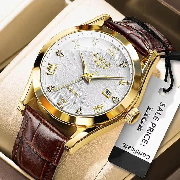 LIGE nouvelle montre à Quartz en or pour femmes mode cuir marron étanche