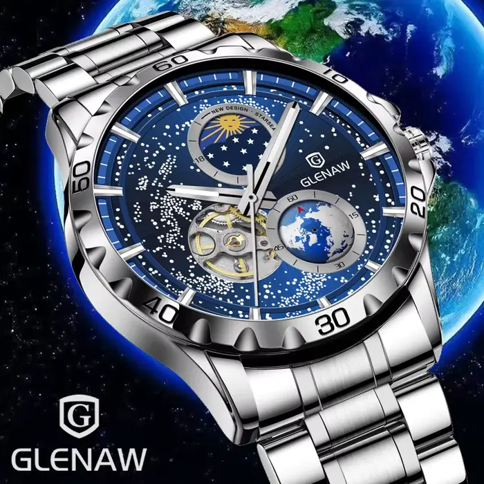 GLENAW rotatif terre Double seconde main mécanique montre-bracelet hommes ciel étoilé bracelet en acier inoxydable montre étanche