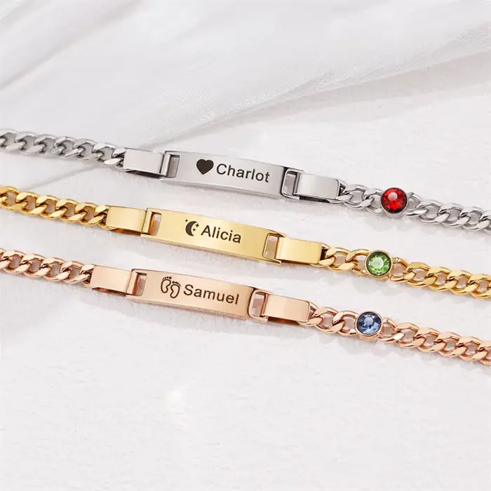 Bracelets personnalisés avec nom et pierre de naissance pour bébés garçons et filles