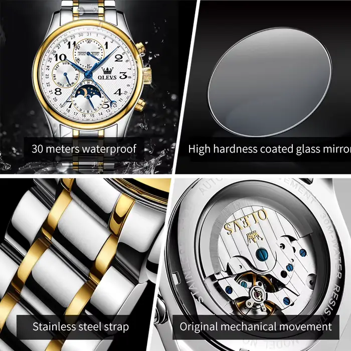 Montre OLEVS 6667 haute technologie pour hommes avec affichage de la phase de lune et de la semaine mode et casual occasions spéciales