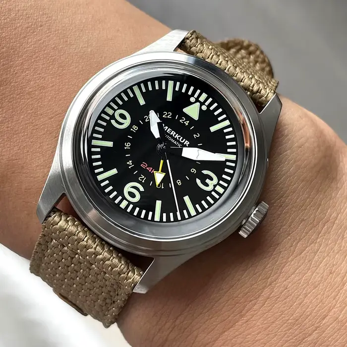 Montre Merkur rétro peau plongeur automatique 24h style militaire homme ocassions spéciales