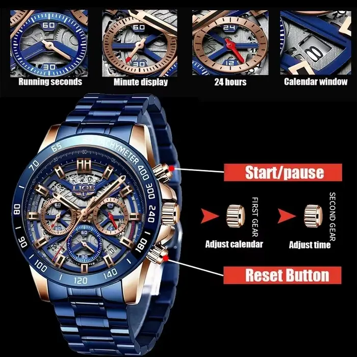 LIGE-Montre-bracelet à quartz étanche pour homme, chronographe de sport, creux, marque supérieure, luxe, nouveau, 2024