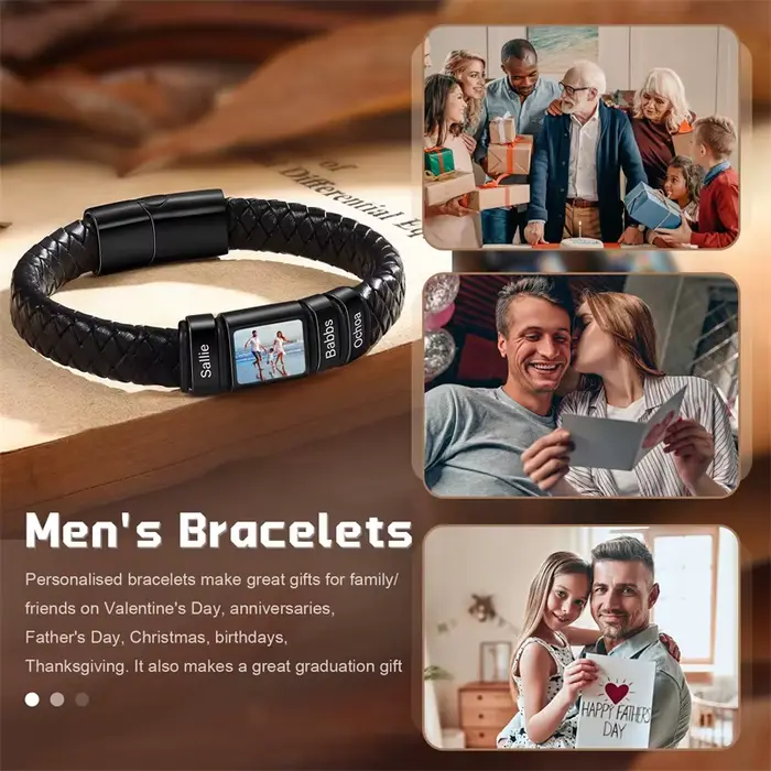Bracelet photo personnalisé en acier inoxydable avec chaîne corde aimant fermoir pour hommes style moderne occasions spéciales
