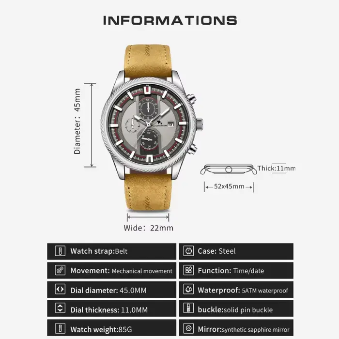 Montre mécanique automatique en acier inoxydable pour homme avec fonction lumineuse et résistance à l'eau 5 ATM pour occasions spéciales et tous les jours
