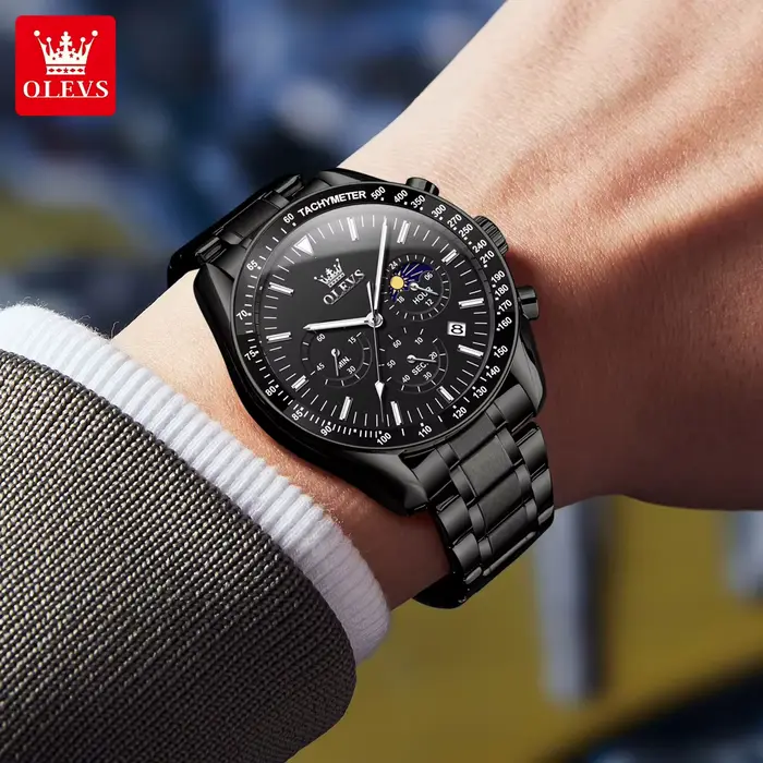 OLEVS 3618 étanche lumineux Date lune chronographe montres hommes de luxe en acier inoxydable montre à Quartz