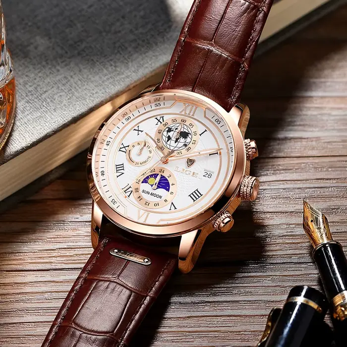 Nouvelles Montres Hommes 2026 LIGE Marque Haut de Gamme Cuir Chronographe Étanche Sport Automatique Date Quartz