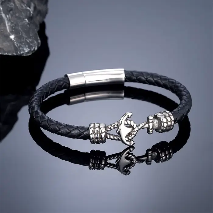 Bracelets d'ancre en cuir tressé noir/rouge/bleu 6mm pour femmes et hommes, bracelet en acier inoxyd