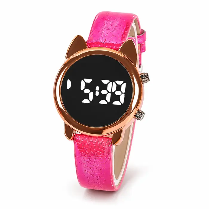 Montre numérique LED avec design oreilles de chat, boîtier en or rose et bracelet brillant gaufré pour femmes occasions spéciales et tenues quotidiennes