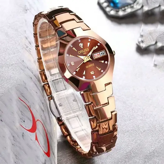 ORUSS marque chaude montre pour femme de haute qualité en acier inoxydable étanche pointeur lumineux semaine calendrier