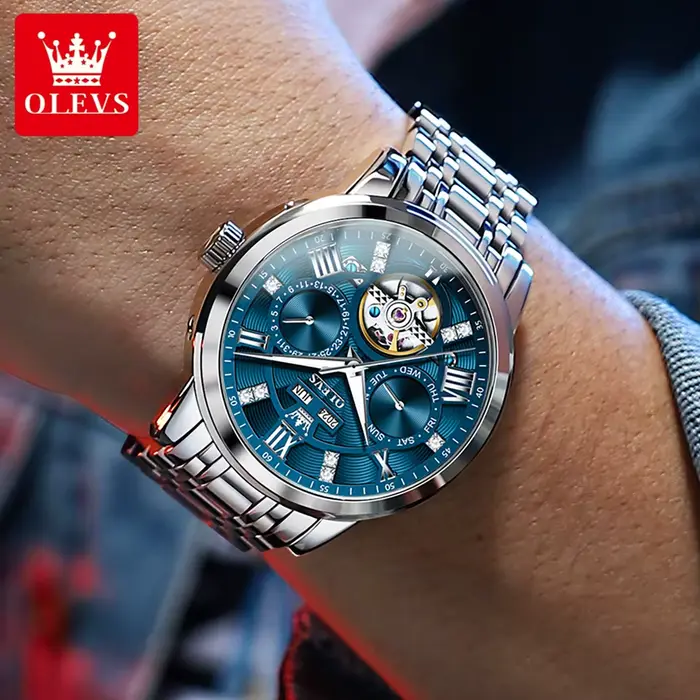 Montre OLEVS 6701 Acier Inoxydable Squelette Volant Automatique Étanche Pour Hommes Occasions Sportives Élégantes