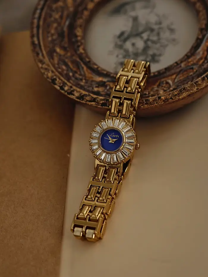 1 nouvelle montre à quartz pour femme, élégante et raffinée, avec strass rectangulaires, cadran bleu