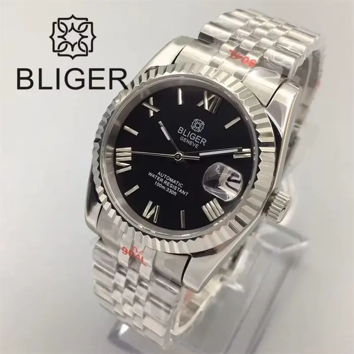 BLIGER-Montre Malachite pour Homme, 36mm/39mm, NH35, existent, Huître, Lunette Cannelée, Serrure Fét