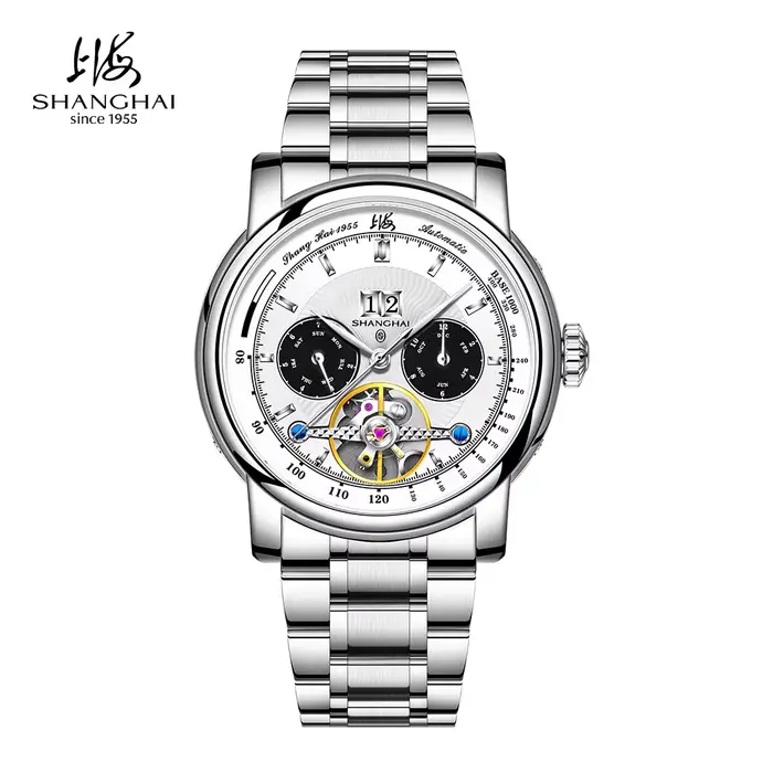 Montre Shanghai 41mm 1963 pour homme, automatique, double calendrier, tourbillon, saphir, acier inox