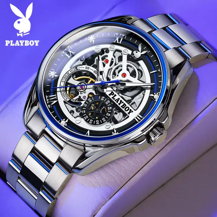 PLAYBOY 3032 Montres de luxe pour homme, montre mécanique automatique squelette, acier inoxydable, é