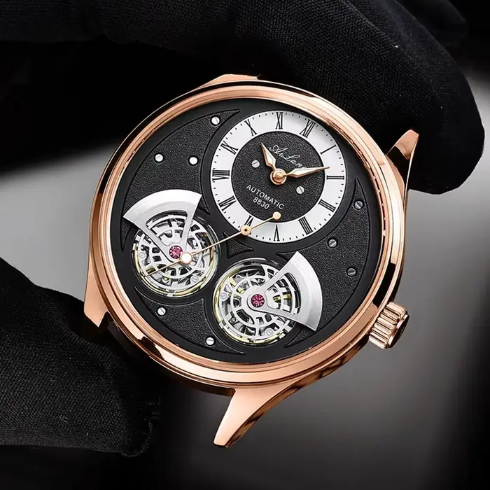 Montre mécanique Daniel Gorman pour homme à double tourbillon rotatif, mouvement automatique, résistante à l'eau, montre pilote avec affichage squelette et numérotation romaine pour homme