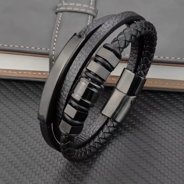 Bracelet en cuir véritable noir pour hommes