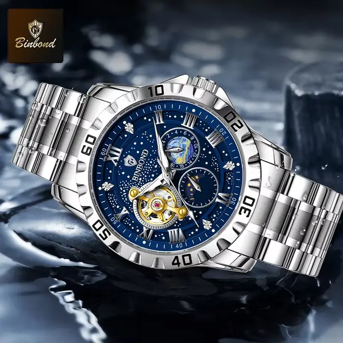 BINBOND Top luxe hommes montre mécanique automatique Phase de lune homme montre-bracelet creux Tourbillon acier