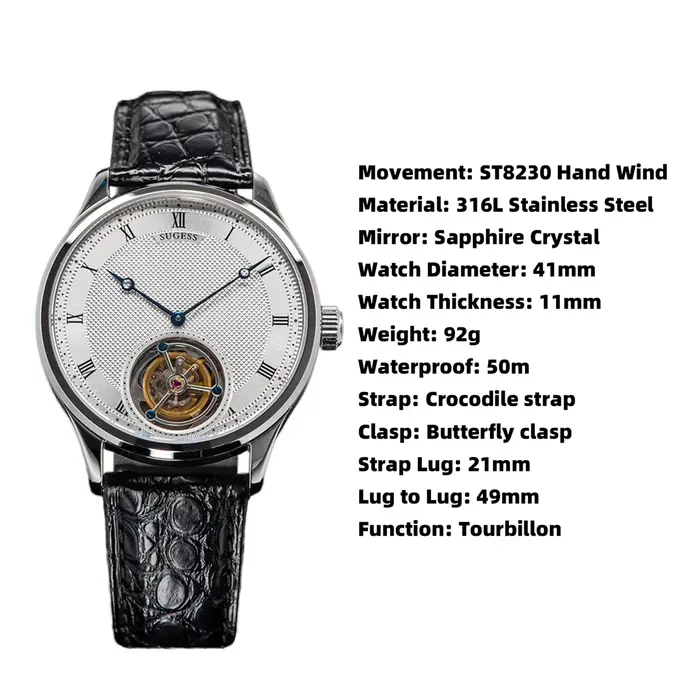 Sugess Tourbillon hommes montres ST8230 véritable Tianjin mouvement mécanique Vintage squelette montre-bracelet élégant Crocodile cuir