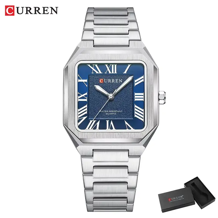 Montre carrée pour homme CURREN, quartz, bracelet en acier inoxydable, chiffres romains, aiguilles l