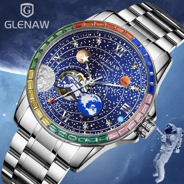 GLENAW Nouvelle Montre Mécanique Rotative Homme Cadran Astronaute Espace Lumière Nocturne Étanche Bracelet Acier