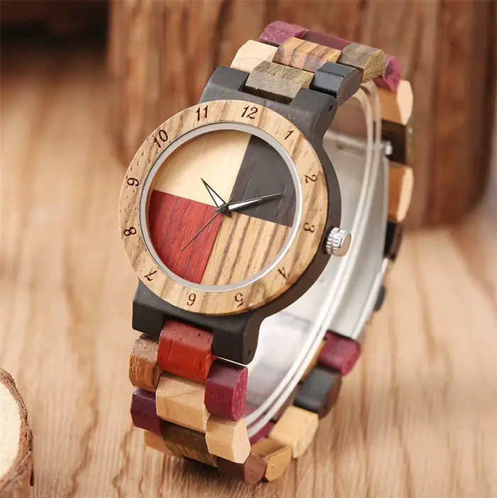 Bracelet en bois montre-Bracelet à Quartz pour femme 4 couleurs cadran mixte naturel entièrement