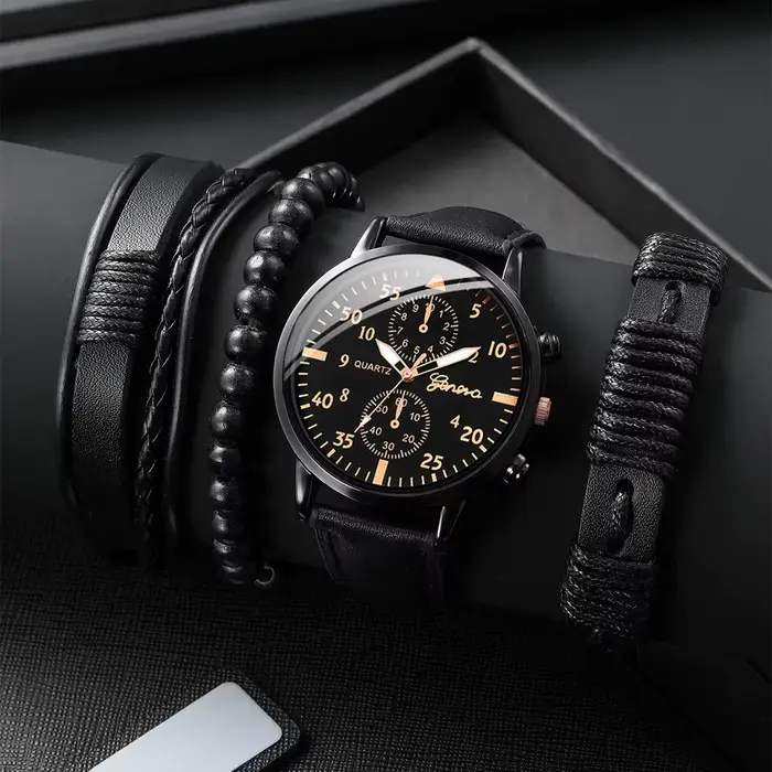 Montre à quartz analogique avec bracelet en cuir tissé pour homme